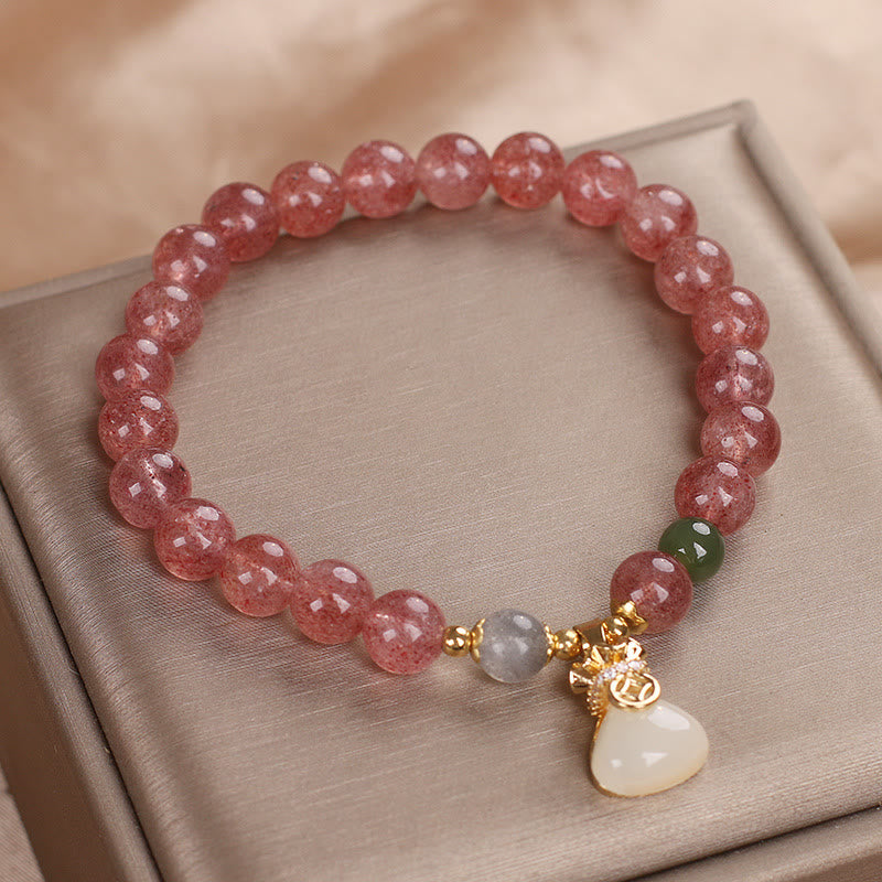 Foviel Natürliche Erdbeerquarz Geld Tasche Charm positives Armband