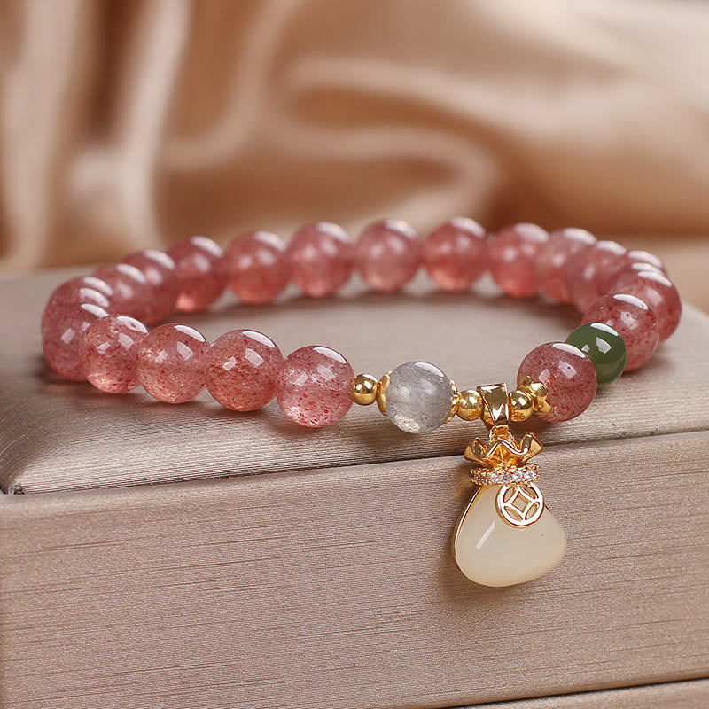 Foviel Natürliche Erdbeerquarz Geld Tasche Charm positives Armband