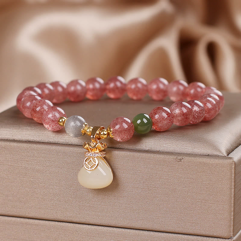 Foviel Natürliche Erdbeerquarz Geld Tasche Charm positives Armband
