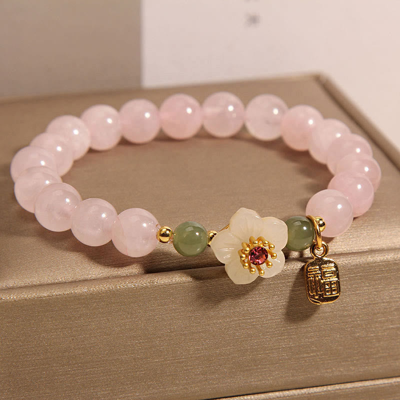 Foviel Rosenquarz Pfirsichblüte Hetian-Jade Fu Charakter Beziehungen spirituell Armband