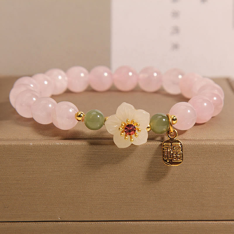 Foviel Rosenquarz Pfirsichblüte Hetian-Jade Fu Charakter Beziehungen spirituell Armband
