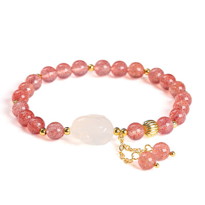 Foviel Natural Strawberry Quartz Agate Rabbit Healing Bracelet