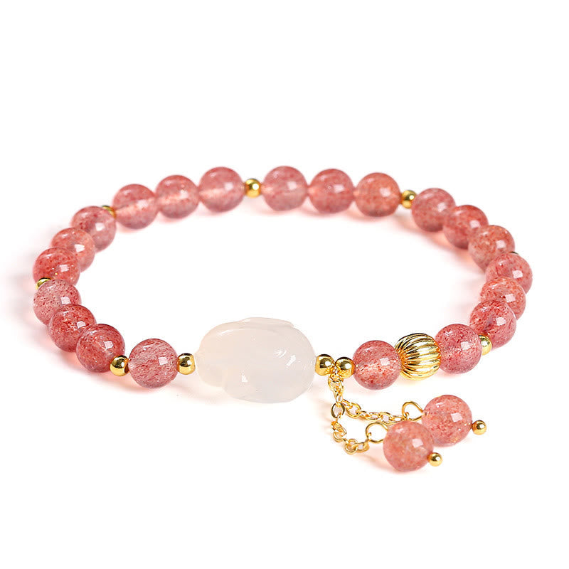 Foviel Natural Strawberry Quartz Agate Rabbit Healing Bracelet