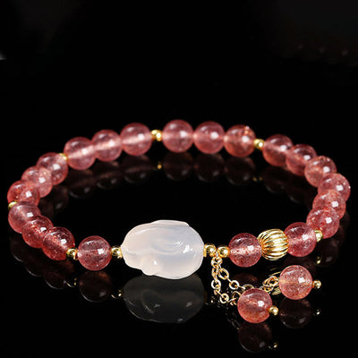 Foviel Natural Strawberry Quartz Agate Rabbit Healing Bracelet