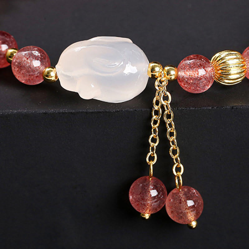 Foviel Natural Strawberry Quartz Agate Rabbit Healing Bracelet