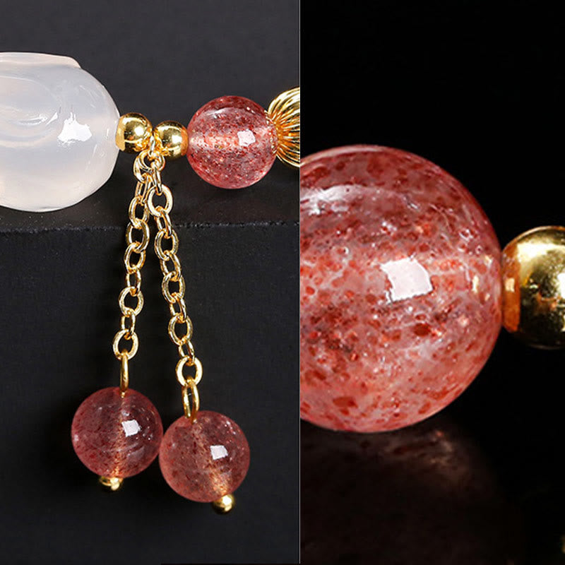 Foviel Natural Strawberry Quartz Agate Rabbit Healing Bracelet