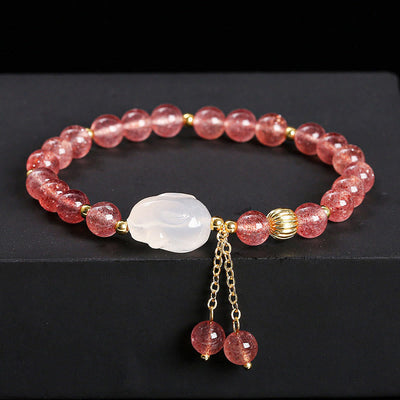 Foviel Natural Strawberry Quartz Agate Rabbit Healing Bracelet