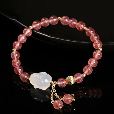 Foviel Natural Strawberry Quartz Agate Rabbit Healing Bracelet