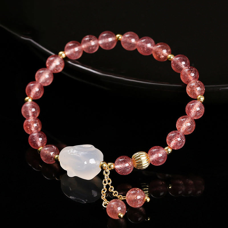 Foviel Natural Strawberry Quartz Agate Rabbit Healing Bracelet