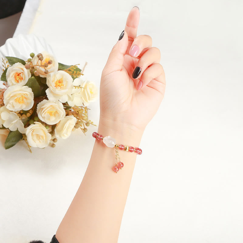 Foviel Natural Strawberry Quartz Agate Rabbit Healing Bracelet