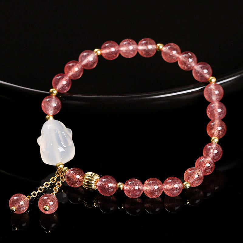 Foviel Natural Strawberry Quartz Agate Rabbit Healing Bracelet