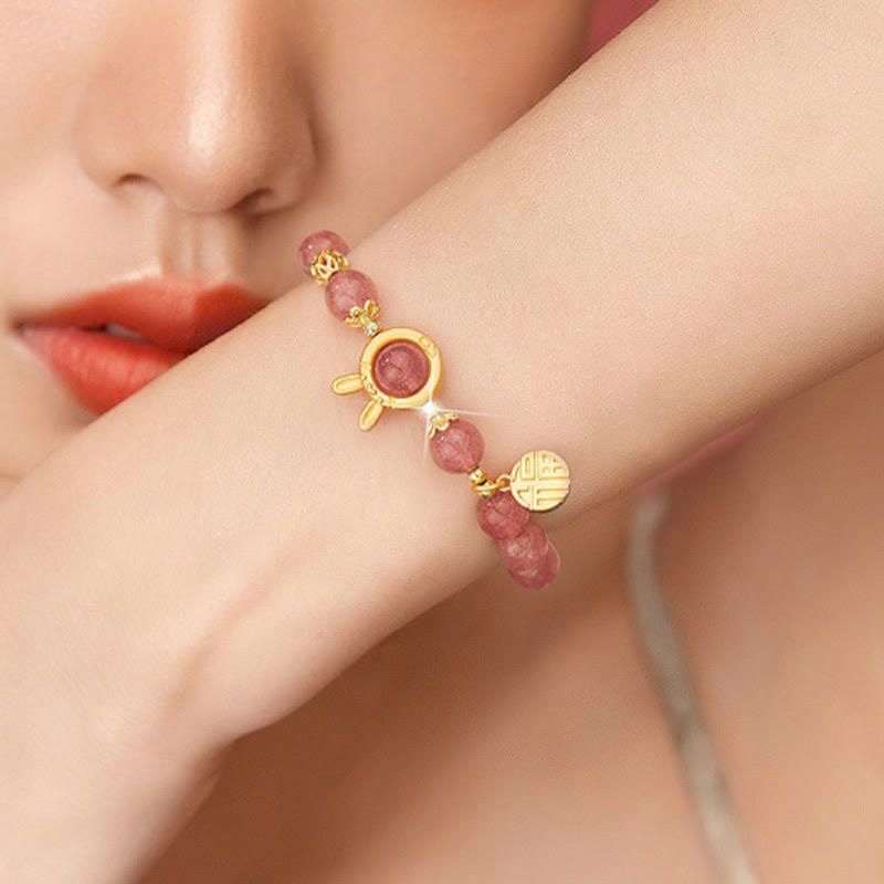 Foviel Natürliche Erdbeerquarz Kaninchen Fu Charakter Charm Liebe Armband