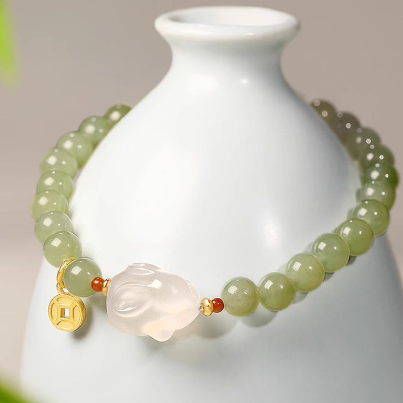 Bracelet porte-bonheur Foviel en jade de Hetian naturel, agate et pièce de monnaie en cuivre motif lapin