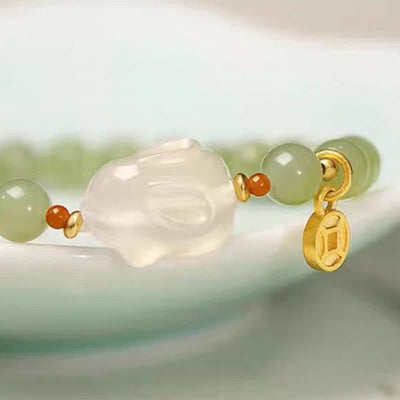 Foviel Natürliche Hetian-Jade Achat Kaninchen Kupfer Münze Glück Armband