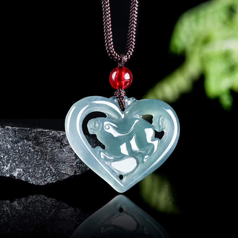 Foviel Natural Jade Love Heart Rabbit Luck Necklace Pendant
