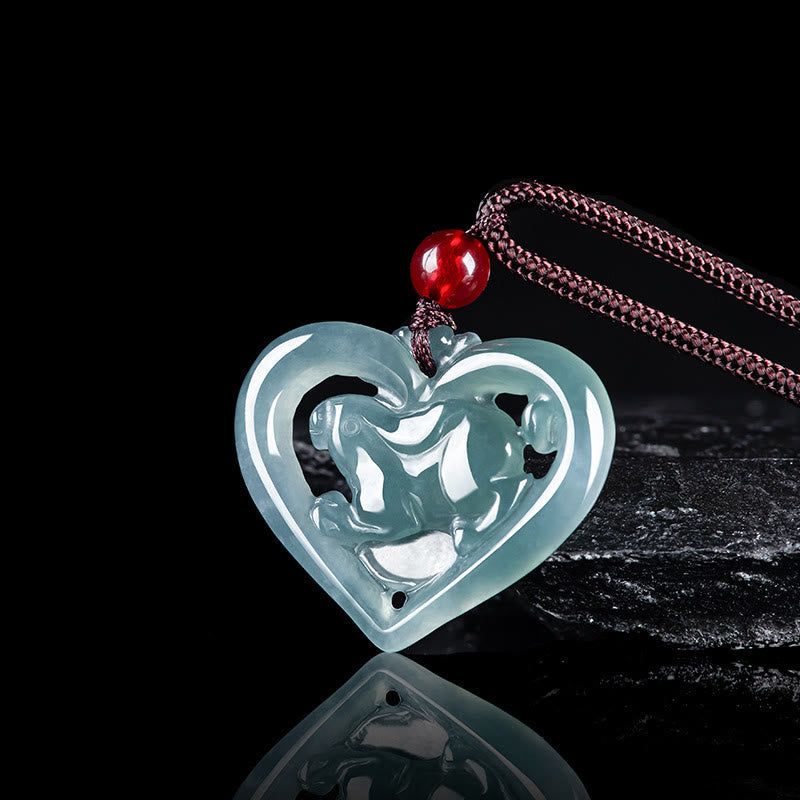 Foviel Natural Jade Love Heart Rabbit Luck Necklace Pendant