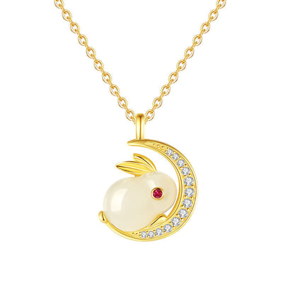 Foviel 925 Sterling Silver Hetian White Jade Rabbit Crescent Moon Luck Necklace Pendant