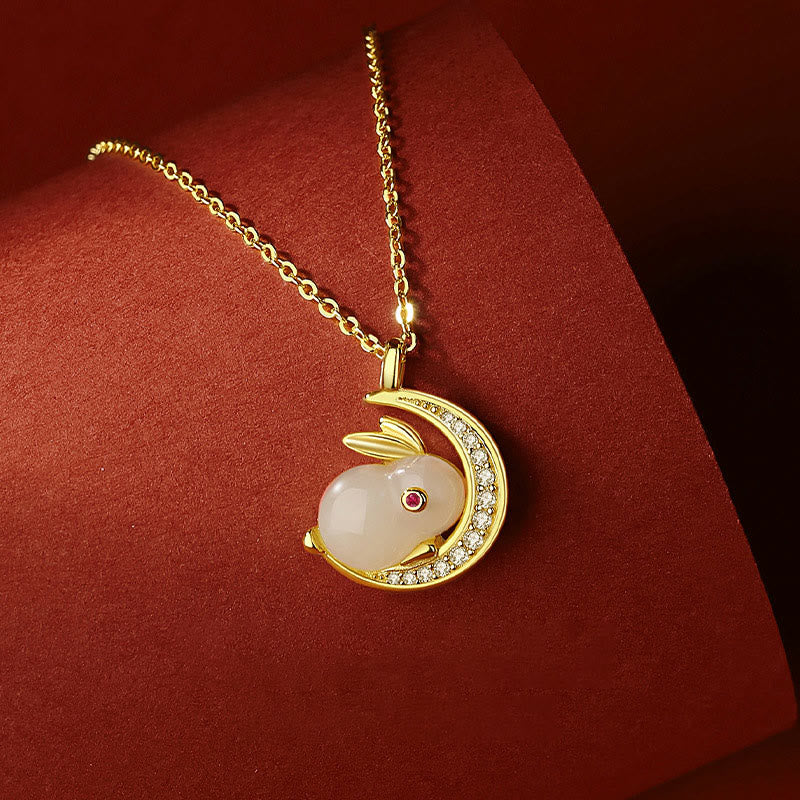 Foviel 925 Sterling Silver Hetian White Jade Rabbit Crescent Moon Luck Necklace Pendant