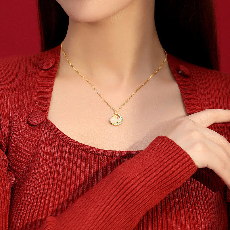 Foviel 925 Sterling Silver Hetian White Jade Rabbit Crescent Moon Luck Necklace Pendant
