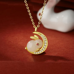 Foviel 925 Sterling Silver Hetian White Jade Rabbit Crescent Moon Luck Necklace Pendant