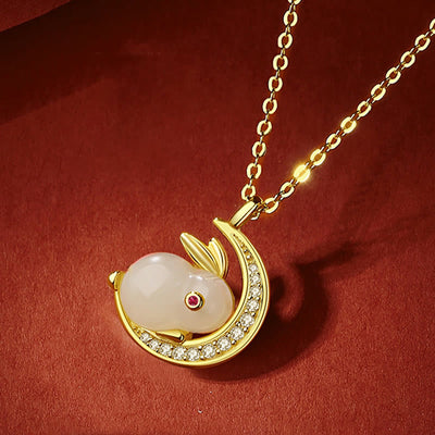 Foviel 925 Sterling Silver Hetian White Jade Rabbit Crescent Moon Luck Necklace Pendant