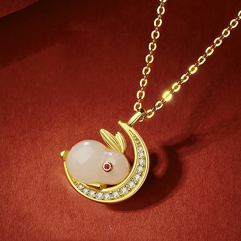 Foviel 925 Sterling Silver Hetian White Jade Rabbit Crescent Moon Luck Necklace Pendant