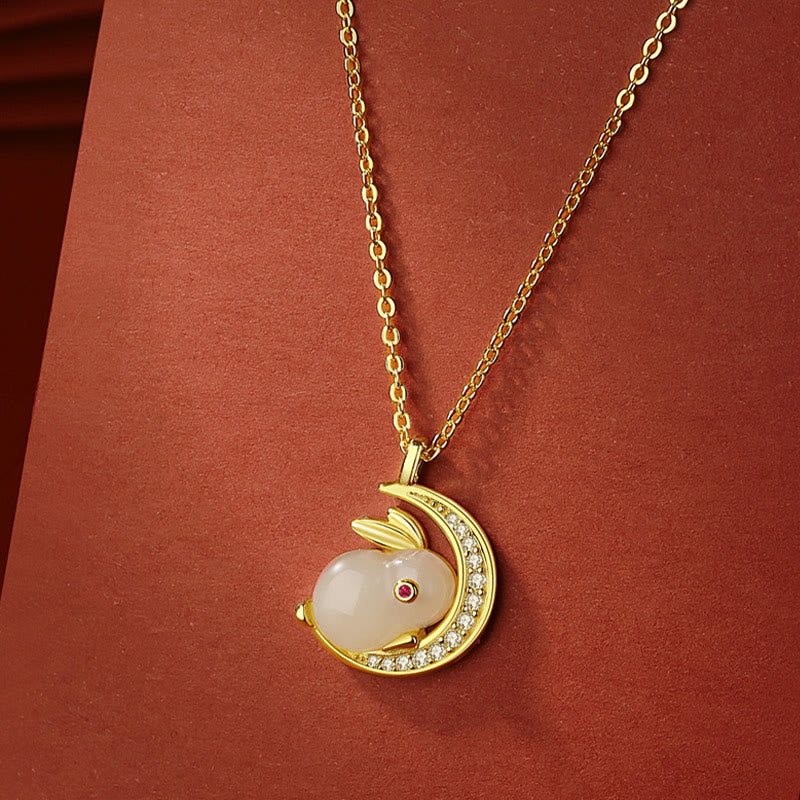 Foviel 925 Sterling Silver Hetian White Jade Rabbit Crescent Moon Luck Necklace Pendant