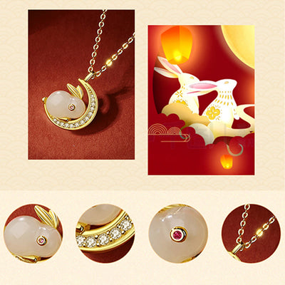 Foviel 925 Sterling Silver Hetian White Jade Rabbit Crescent Moon Luck Necklace Pendant