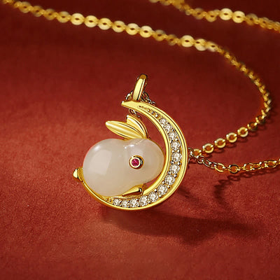 Foviel 925 Sterling Silver Hetian White Jade Rabbit Crescent Moon Luck Necklace Pendant