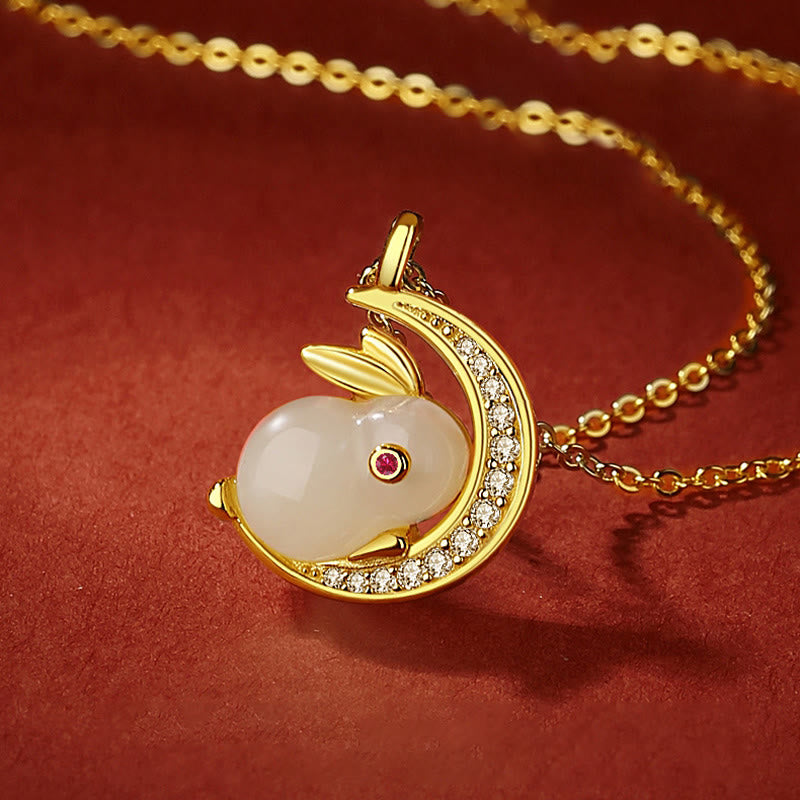 Foviel 925 Sterling Silver Hetian White Jade Rabbit Crescent Moon Luck Necklace Pendant