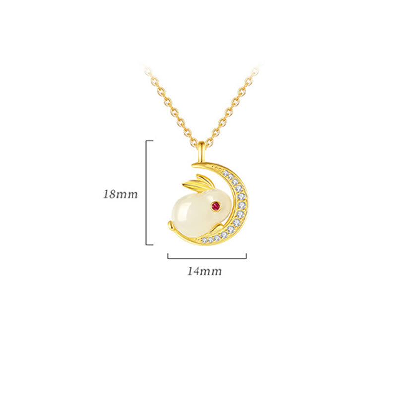 Foviel 925 Sterling Silver Hetian White Jade Rabbit Crescent Moon Luck Necklace Pendant