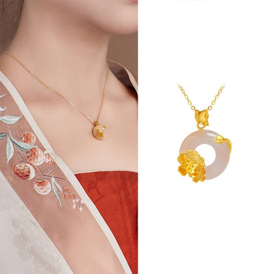 Foviel Natürlich 925 Sterling Silber Weiß Chalcedon Frieden Schnalle Pfirsich Blossom Schmetterling Positive Halskette Anhänger
