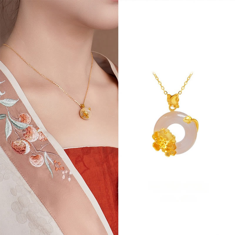 Foviel Natürlich 925 Sterling Silber Weiß Chalcedon Frieden Schnalle Pfirsich Blossom Schmetterling Positive Halskette Anhänger