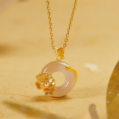 Foviel Natürlich 925 Sterling Silber Weiß Chalcedon Frieden Schnalle Pfirsich Blossom Schmetterling Positive Halskette Anhänger