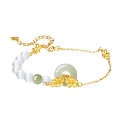 Foviel 999 Sterling Silber Natürlich Hetian-Jade Frieden Schnalle Pfirsichblüten Glück Armband