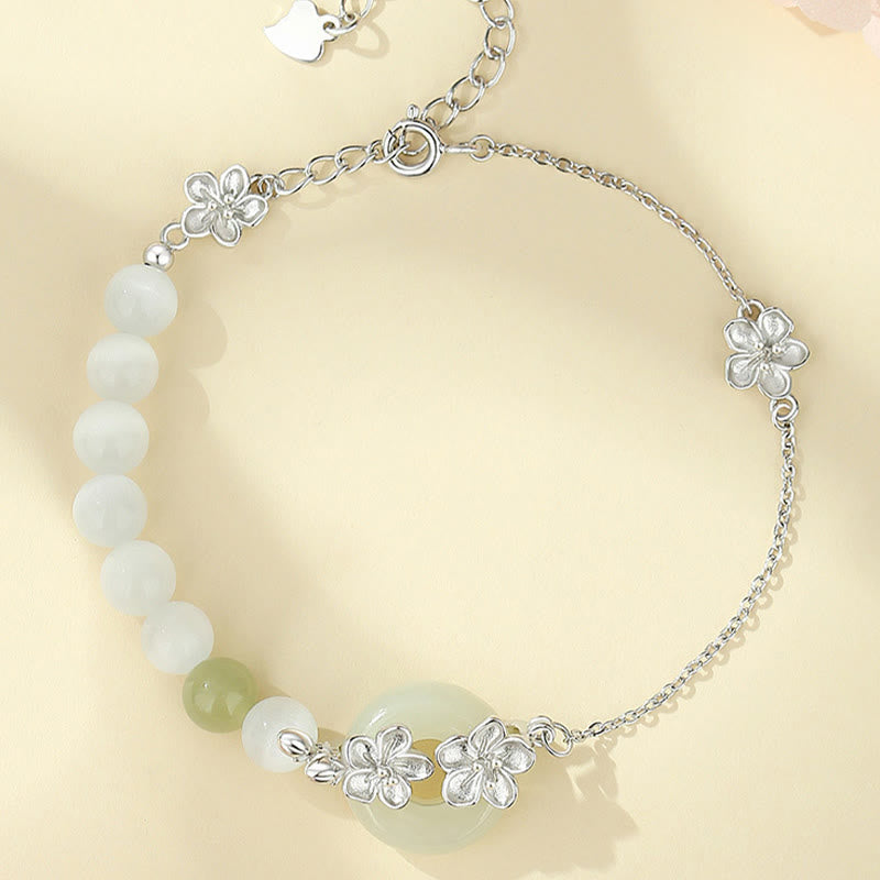 Foviel 999 Sterling Silber Natürlich Hetian-Jade Frieden Schnalle Pfirsichblüten Glück Armband