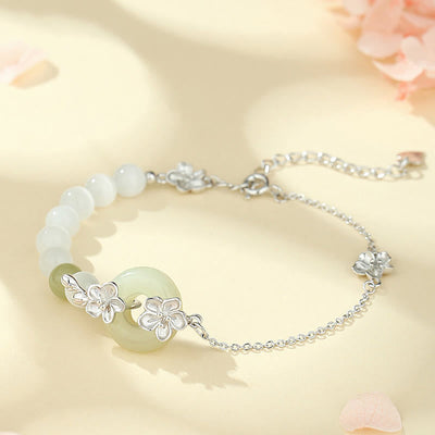 Foviel 999 Sterling Silber Natürlich Hetian-Jade Frieden Schnalle Pfirsichblüten Glück Armband