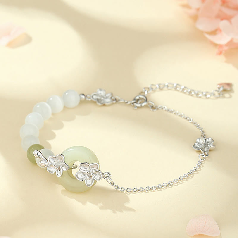 Foviel 999 Sterling Silber Natürlich Hetian-Jade Frieden Schnalle Pfirsichblüten Glück Armband