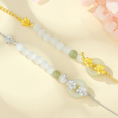 Foviel 999 Sterling Silber Natürlich Hetian-Jade Frieden Schnalle Pfirsichblüten Glück Armband