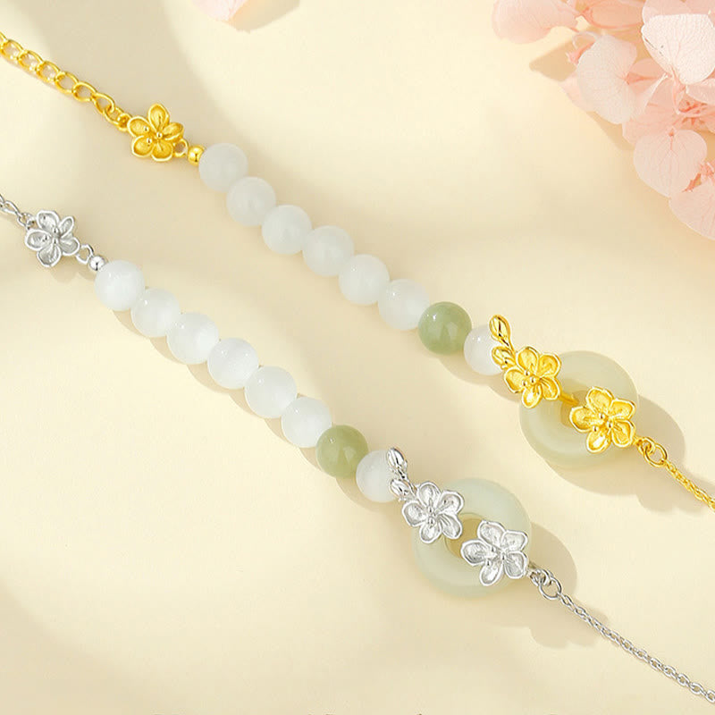 Foviel 999 Sterling Silber Natürlich Hetian-Jade Frieden Schnalle Pfirsichblüten Glück Armband