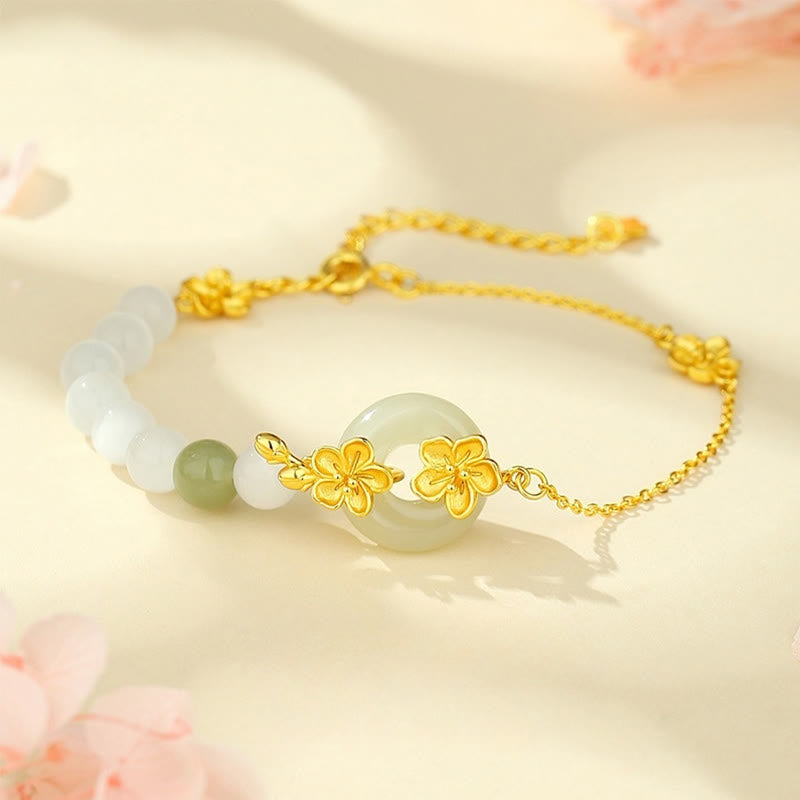 Foviel 999 Sterling Silber Natürlich Hetian-Jade Frieden Schnalle Pfirsichblüten Glück Armband