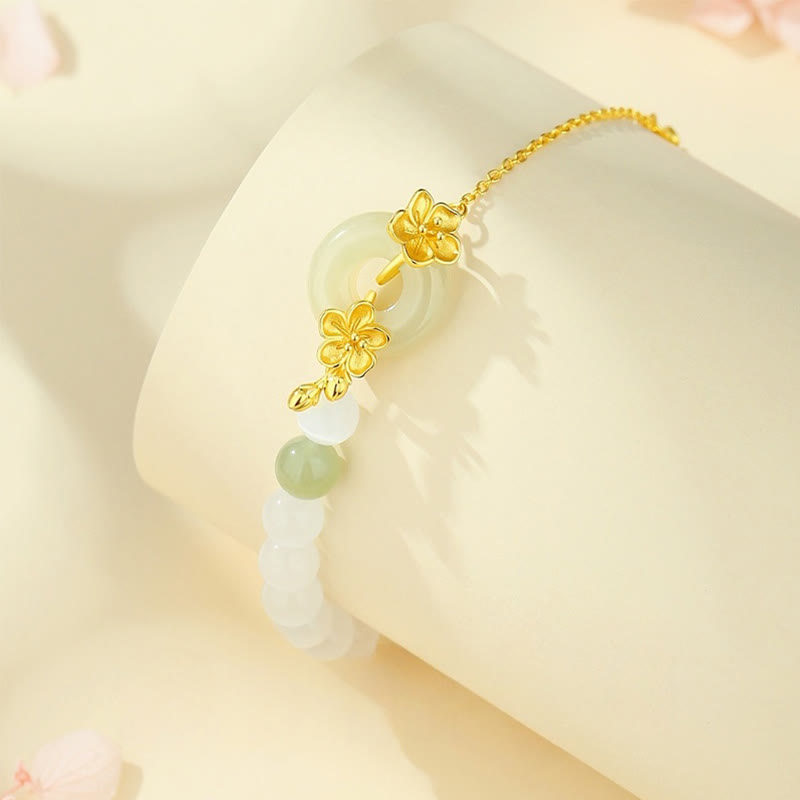 Foviel 999 Sterling Silber Natürlich Hetian-Jade Frieden Schnalle Pfirsichblüten Glück Armband