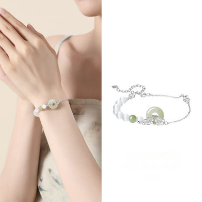 Foviel 999 Sterling Silber Natürlich Hetian-Jade Frieden Schnalle Pfirsichblüten Glück Armband