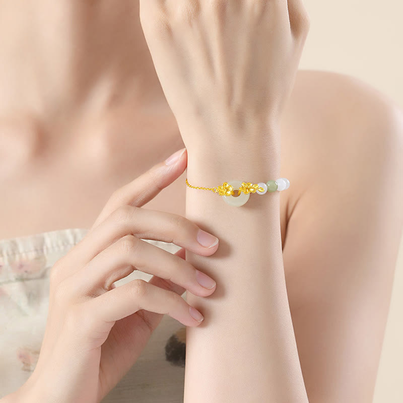Foviel 999 Sterling Silber Natürlich Hetian-Jade Frieden Schnalle Pfirsichblüten Glück Armband