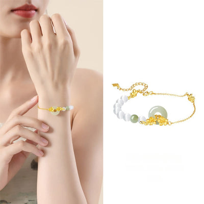 Foviel 999 Sterling Silber Natürlich Hetian-Jade Frieden Schnalle Pfirsichblüten Glück Armband