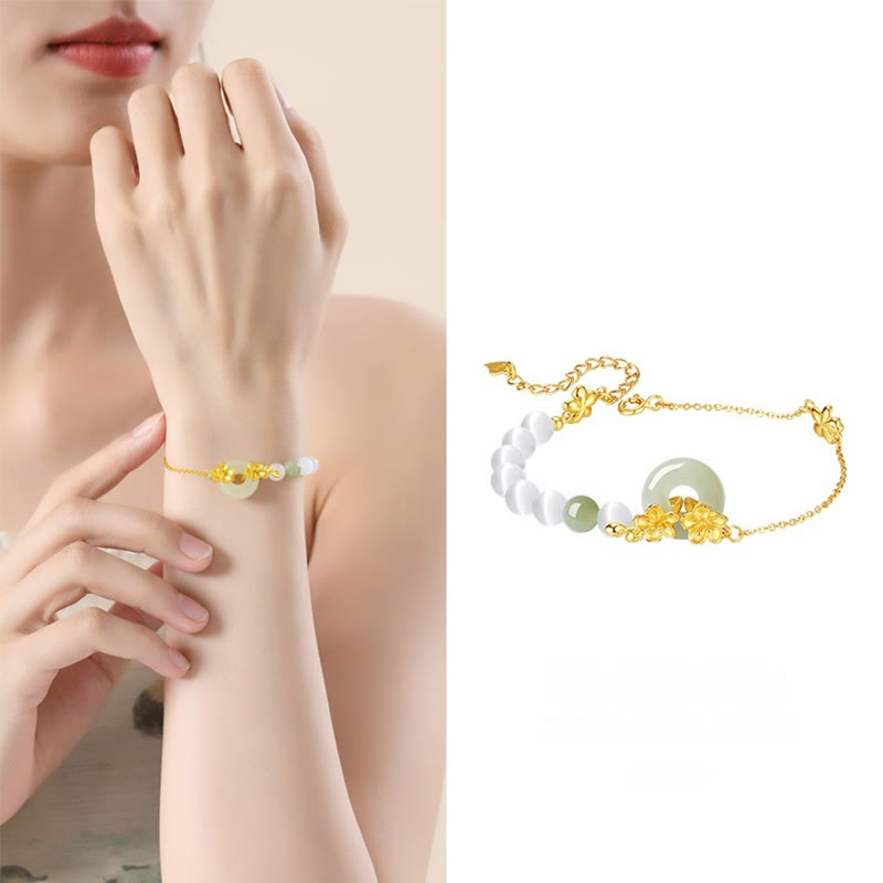 Foviel 999 Sterling Silber Natürlich Hetian-Jade Frieden Schnalle Pfirsichblüten Glück Armband