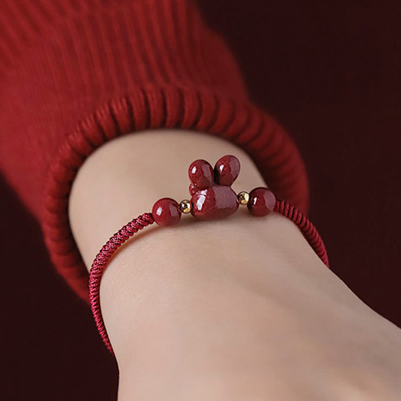 Bracelet porte-bonheur Foviel fait main en cinabre avec lapin du zodiaque chinois et cordon rouge
