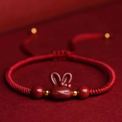 Bracelet porte-bonheur Foviel fait main en cinabre avec lapin du zodiaque chinois et cordon rouge