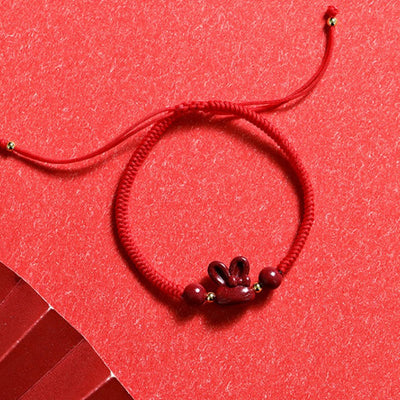 Bracelet porte-bonheur Foviel fait main en cinabre avec lapin du zodiaque chinois et cordon rouge
