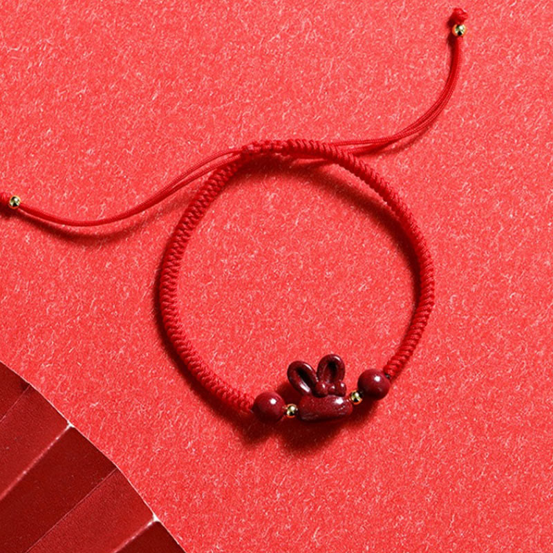 Bracelet porte-bonheur Foviel fait main en cinabre avec lapin du zodiaque chinois et cordon rouge